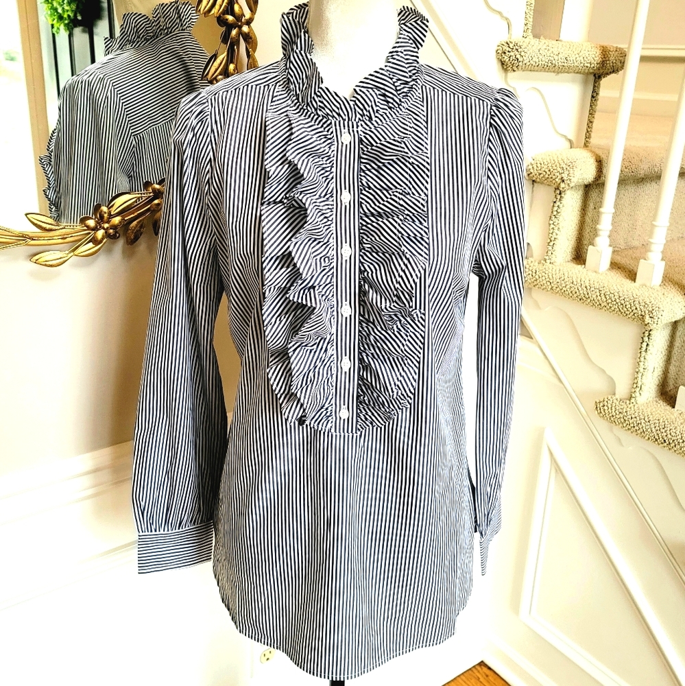 🆕 J Crew Ruffle-front Classic-fit Striped Shirt